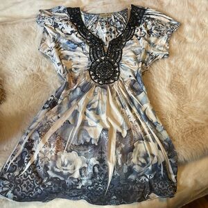 Y2K bling Emerald Blue and Cream Floral Blouse
